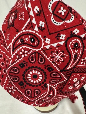 Men/Women Surgical Scrub Cap Lined Bandana Red Paisley 100% Cotton Fabric - Image 1 of 3