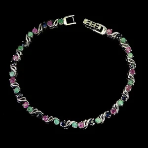 925 Sterling Silver Bracelet Round Ruby Emerald Sapphire Gemstone Jewelry 7in - Picture 1 of 13
