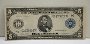 1914 $5 US Federal Reserve Note Chicago G24356023B Fine Slight Tear - Picture 1 of 3