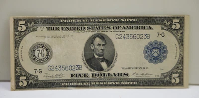 1914 $5 US Federal Reserve Note Chicago G24356023B Fine Slight Tear - Image 1 of 3