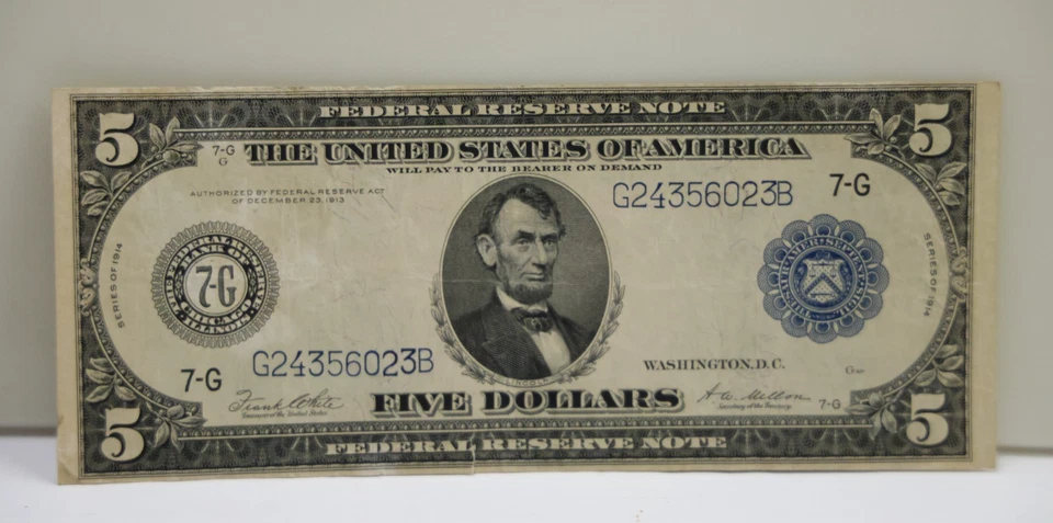 1914 $5 US Federal Reserve Note Chicago G24356023B Fine Slight Tear - Image 1 of 3