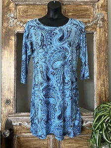 Michael Kors Blue Paisley Shift Dress With Button Accents 3/4 Sleeves Large - Picture 1 of 6