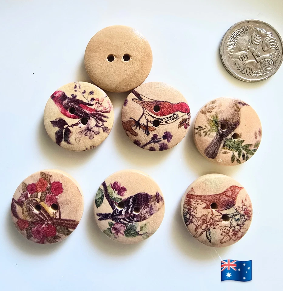 20pcs 20mm Assorted Birds Wooden 2 Hole Buttons - Image 1 of 1