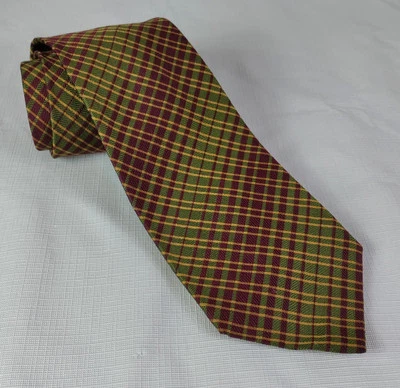 Corbata Hickey Freeman 100 % seda verde oliva rojo dorado a cuadros Foto 1 de 4
