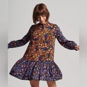 Superdry High Neck Mini Dress Multi Paisley Print floral size 6 Ruffle - Picture 1 of 7