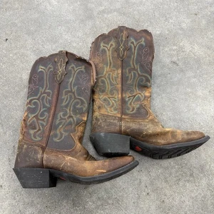 Justin DURANT Brown Leather Square Toe Pull On Western Boots Women’s Size 9 B - Picture 1 of 9