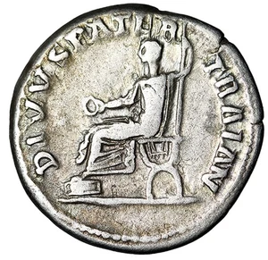 Trajan AR Denarius "Divus Trajan Senior (Pater) on Curule Chair" Good Fine - Picture 1 of 5