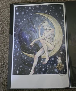 Chiara Bautista signierter Druck 17" x 11" Hasenmädchen Stern Wolf sitzt auf dem Mond - Bild 1 von 4