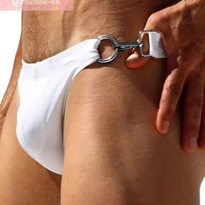 Costume da bagno uomo sexy moda con fibbia unilaterale in metallo slip tinta unita bikini med - Foto 1 di 5