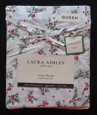 Laura Ashley Cotton Percale QUEEN Sheet set Red Berry Bright Christmas Holiday N - Image 1 of 2