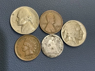 U.S. Coins Lot - Seated Dime,  Buffalo + Jefferson Nickels, Indian + Wheat Cent - Image 1 of 4