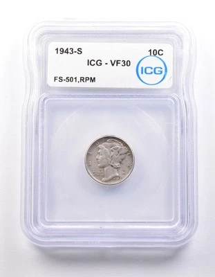 1943-S Mercury Dime FS-501 RPM VF30 ICG *9827 - Image 1 of 3