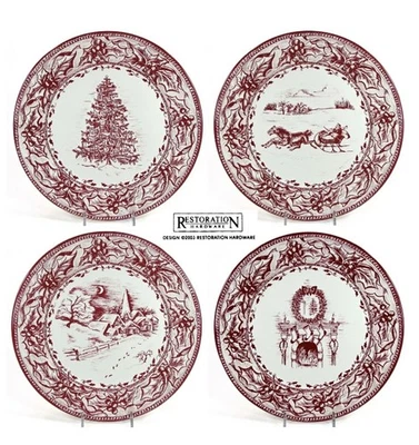 Juego de 4 platos de hojalata de herrajes de restauración artículos de transferencia rojos de Navidad Foto 1 de 4