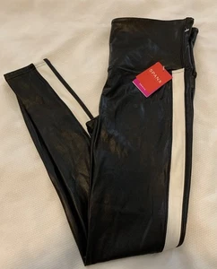 Spanx Damen Leggings hoch geschnitten Kunstleder schwarz weiß gestreift keine camelfarbene Zehenpartie L - Bild 1 von 7