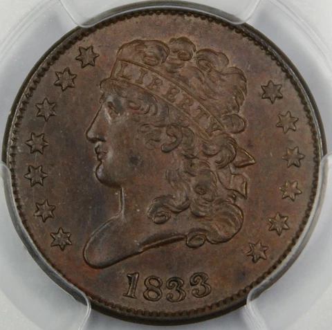 1833 Classic Head Half 1/2 Cent, PCGS MS-63 BN *Very Choice BU* Better Coin DGH Cover