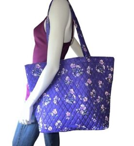 Vera Bradley Grand Tote Large Bag Purse WILD ROSES Floral Quilted Purple Tote