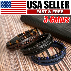 Bracciale Uomo Intrecciato In Pelle Intrecciata Con Occhio di Tigre, Pietra Naturale - Foto 1 di 13