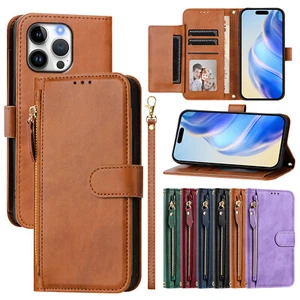 For iPhone 16 15 14 13 12 Pro Max Zipper Leather Card Wallet Stand Case w/Strap - Picture 1 of 38