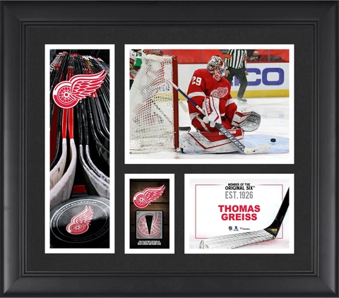 Thomas Greiss Red Wings FRMD 15" x 17" Player Collage with a Piece of GU Puck Cover