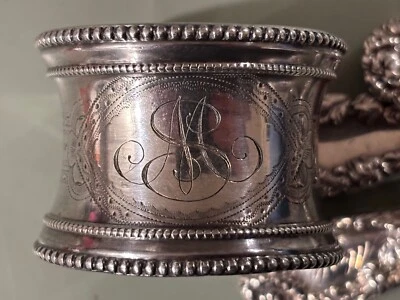 Anillo servilleta floral francés plata de ley con cuentas C.1880 Foto 1 de 4