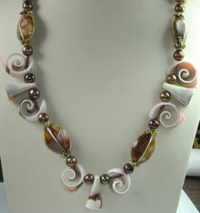 Necklace Fancy Shells Chocolate Freshwater Pearls Handmade Beach Wedding Ocean - Picture 1 of 2