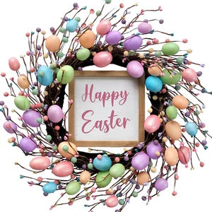 Easter Wreath for Front Door, 18 Inch Eggs Wreath with Happy Easter Sign, Spring - Picture 1 of 12