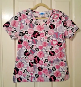 SB SCRUBS 100% Cotton Women's SZ XS Pink Multi Breast Cancer Awareness SS Top - Picture 1 of 5