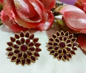 Red/Maroon CZ Studs Earrings Pierced Gold Plated Wedding Party Wear Jewellery - Picture 1 of 4