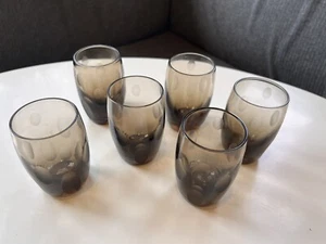 Set Of 6 Midcentury Smoke/Topaz Etched Dot Glasses, Juice/Shot/Cocktail Size - Picture 1 of 6