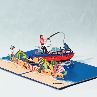 PINESFAMILY J09-3D Pop up Fishing-themed Greeting Card