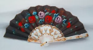 Vintage handbemalt vergoldetes Leinen klappbarer Handventilator mit viktorianischem 2-seitigem Blumenmuster - Bild 1 von 24