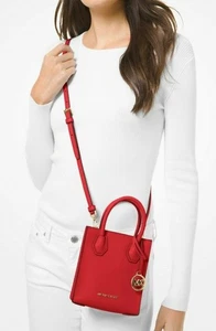 $348 Michael Kors Mercer XS Pebbled Leather Signature Satchel Crossbody Bag, Red - Picture 1 of 7