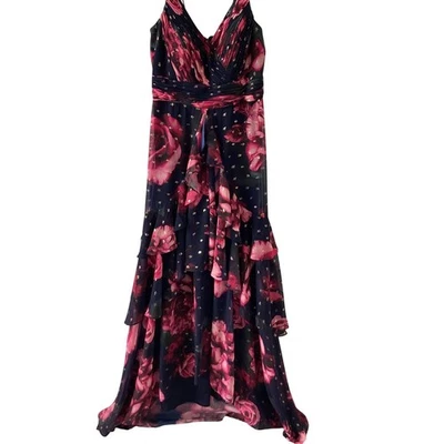 Vestido para mujer Xscape 8 azul marino floral rosa dorado metálico con volantes en capas formal Foto 1 de 4