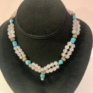 ANTIQUE CHINESE EXPORT TURQOISE NUGGETS & QUARTZ BEADS HANDKNOTTED NECKLACE 15" - Picture 1 of 21