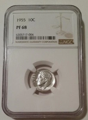 Moneda de diez centavos Roosevelt 1955 prueba PF68 NGC Foto 1 de 2