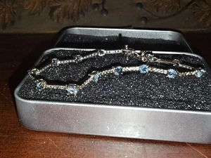 Sterling Silver Tennis Bracelet - Blue Topaz & Lab Created Sapphire Accents 7.5" - Picture 1 of 7