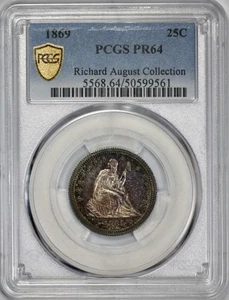 Cuarto de plata Seated Liberty 1869 prueba 25c graduación profesional PR 64 joya tonificada - Imagen 1 de 5