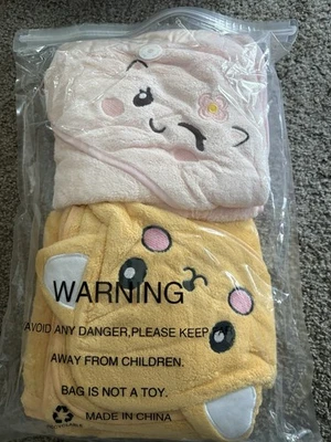 Baby Unisex Bath Towels Set of 2 Cotton with Cute Animals Caps - Image 1 of 2