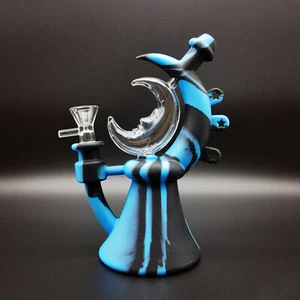 Smoking Hookah Moon Teapot Hand Pipes Silicone Water Pipe Blue &Black Glass Bowl - Picture 1 of 10