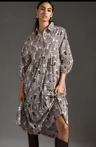 Anthropologie Maeve Bettina Tiered Shirt Dress Zebra Print Brown Ivory Size L - Bild 1 von 12