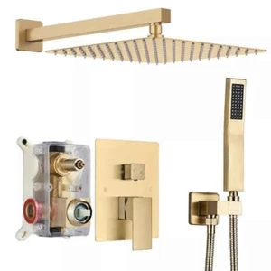 Brushed Gold Shower Faucet Set Mixer Valve 10In Rainfall Head Combo Kit System - Picture 1 of 6