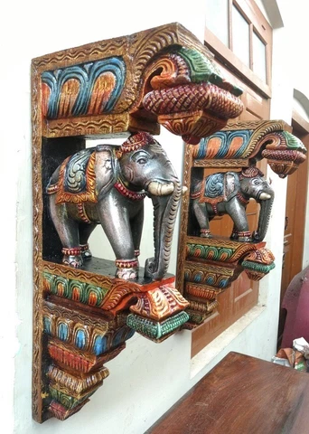 Elephant Wall Corbel Pair Handcarved Wooden Bracket Sculpture Estate Home Decor Cover