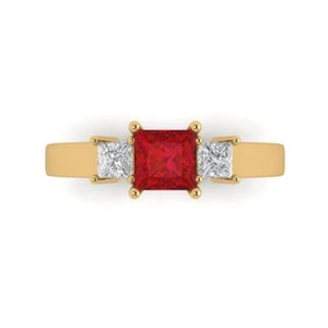 0.9 Princess Cut 3 stone Ruby Modern Statement Ring 14k Yellow Solid Gold - Picture 1 of 11