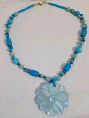 Lee Sands Necklace Beaded Turquoise Large Pendant Flower Mother of Pearl 18.5" - Image 1 of 4