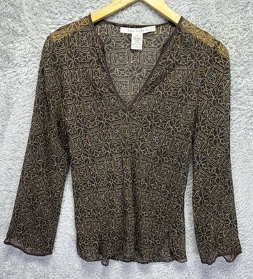 De Colección Max Studio S/XS Seda Marrón Azul Geométrico Cuello en V Encaje Transparente Hada Coqueta Foto 1 de 4