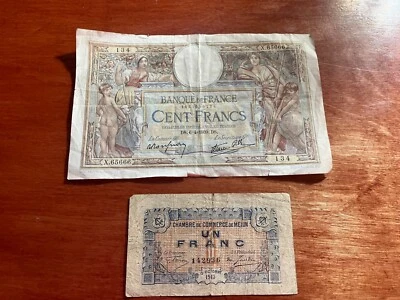 France Currency:  1915 1  Franc, 1939 100 Francs - Image 1 of 4