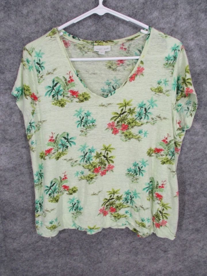 J. Jill 女式衬衫绿色 XL Love 亚麻热带花卉弹力 V 领 — 第 1/4 张图片