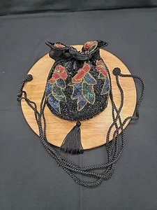 Vintage 80's Glass Beaded Drawstring Cinch Evening Bag Multicolored 7x6x2 - Picture 1 of 8