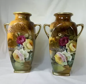 Pair of Nippon Leaf Mark Hand Painted 11.25 Inch VASE w/Large Roses in Landscape - Picture 1 of 15