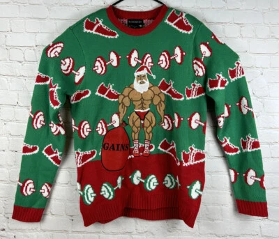 Blizzard Bay Ugly Christmas Sweater Mens Medium Muscle Santa Body Builder Gains - Image 1 of 4